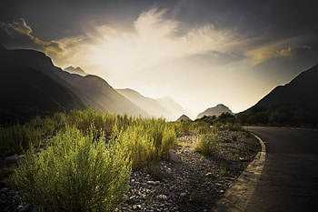 Nature, Grass, Mountains, Dawn, Road, Markup HD wallpaper