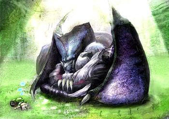 monster hunter, hunter, cat, monster, sleeping, great forest, green, capcom, lunastra, felyne HD wallpaper