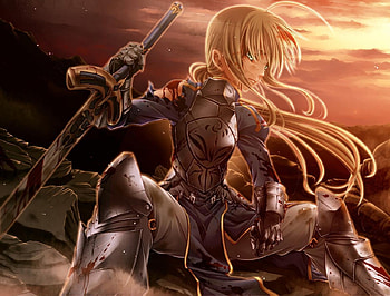 Saber, fsn, excalibur, sword, armour, fate stay night, long hair, weapons, sitting, anime, torn clothing, cool, blonde hair, blood, green eyes HD wallpaper