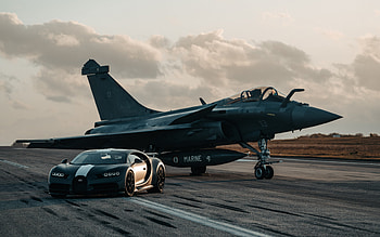 Dassault Rafale, Bugatti Chiron, Supercar and Fighter, Matt Gray Chiron, Chiron Tuning, Hypercar, Chiron vs Dassault Rafale, Chiron vs Fighter, Bugatti HD wallpaper