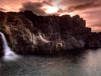 Waterfall Of Mountain To Beach, Beach, Water, Nature, Waterfall, Mountain, Clouds, Sky, ominois HD wallpaper