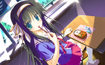 Eating, blue, foos, white, headband, chopsticks, ribbon, uniform, long hair, eat, red, school, bow HD wallpaper