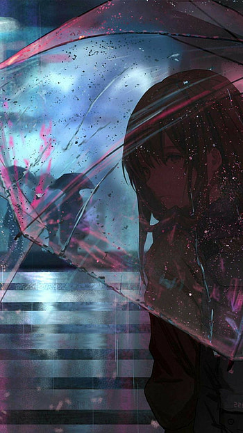Anime Rain, electric blue, magenta, japan, girl HD phone wallpaper