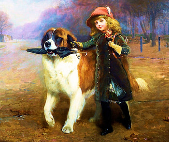 Off from School, dog, artwork, painting, girl, vintage HD wallpaper