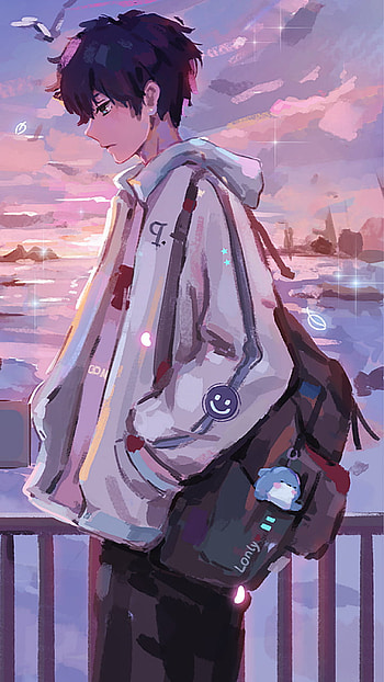 Anime boy, head, hoodie, bird, bag, autumn, clouds, lonely, fence HD phone wallpaper