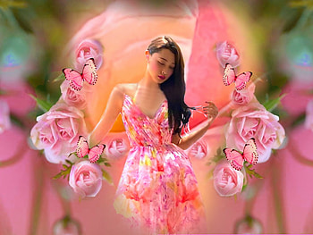 Perfectly Pink Ladies 1, colorful, black, vibrant, girl, orange, dress, butterflies, pink, vivid, green, yellow, bright, bold, flowers HD wallpaper
