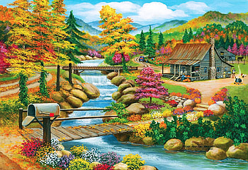 Autumn at the river, hills, leaves, painting, colors, trees, bridges, flowers, cabin, pumpkins HD wallpaper