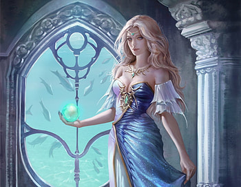 Lady of the lake, blue, frumusete, fantasy, rakuen, girl, luminos HD wallpaper