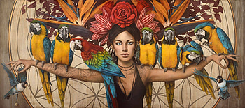:), girl, parrot, art, bird, sophie wilkins, pasaei, rose, fantasy, painting, flower, pictura, red HD wallpaper