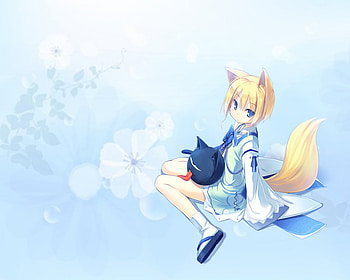 Kitsune, blue, animal, sandals, kimono, blonde, cute, short hair, blue eyes, girl, beautiful, fox, tail, anime, ears, fox ears, fox tail HD wallpaper