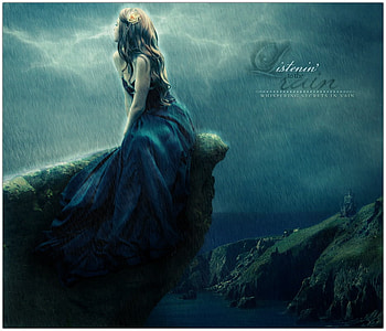 Listening to the rain, abstract, rain, fantasy, girl, mountains, storm, ocean, statue HD wallpaper