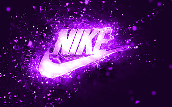 Nike violet logo, , violet neon lights, creative, violet abstract background, Nike logo, fashion brands, Nike HD wallpaper