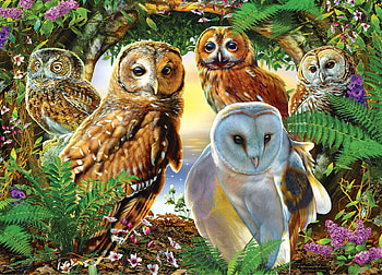 A Parliament of Owls, nature, birds, painting, raptors, tree HD wallpaper