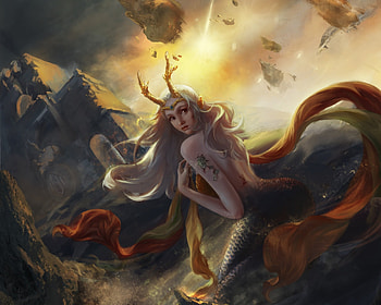 Dragon girl, nineart, nine, horns, fantasy, yellow, dragon, luminos, girl, dark HD wallpaper