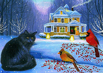 Christmas Eve Guests, winter, artwork, birds, painting, snow, house, cat, cardinals HD wallpaper