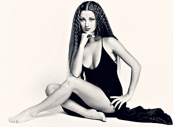 Jane Seymour, blue, white, black, actress, dress, beauty, woman, young HD wallpaper
