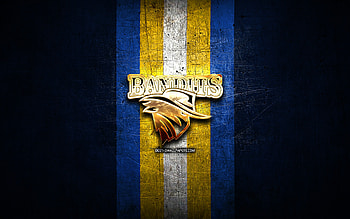 Brisbane Bandits, golden logo, ABL, blue metal background, australian baseball team, Brisbane Bandits logo, baseball, Australian Baseball League HD wallpaper