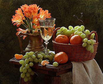 still life, champagne, bouquet, graphy, tangerine, basket, flower, fruit, , vase, beautiful, cup, orange, jug, cool, grape, flowers, nic, wine, harmony HD wallpaper
