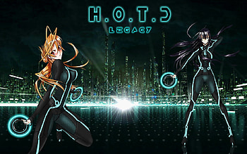 H.O.T.D Legacy, sexy, two girls, tron legacy, city, miyamoto saya, hotd, anime girls, busujima saeko, tron frisbee, light, tron, cool, highschool of the dead, big breasts, female HD wallpaper
