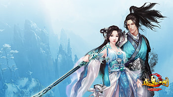 :-), happy lakes, blue, white, sword, asian, man, girl, fantasy, couple, luminos HD wallpaper