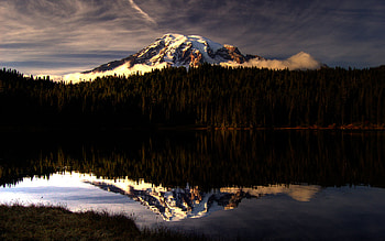 Landscape, grass, lake, reflection, clouds, trees, nature, sky, mountains, forest HD wallpaper