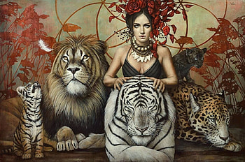 Mohan, animal, leu, cub, tiger, art, sophie wilkins, girl, lion, painting, jaguar, fantasy, pictura, tigru HD wallpaper