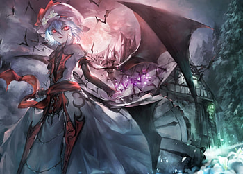 Remilia Scarlet, night, dress, beauty, moon, short hair, bats, wings, white, girl, beautiful, dark, wampire, anime girl, anime, pretty, white hair, lovely HD wallpaper