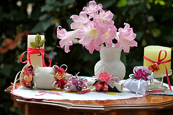 Flowers, Roses, Candles, Table, Vase, Bows, Bags, Pouches HD wallpaper