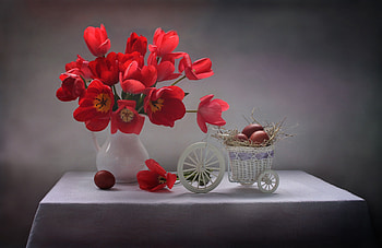 Still life, Flowers, Tulips, Basket, Table HD wallpaper