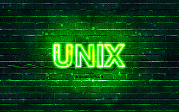Unix green logo, , green brickwall, Unix logo, operating systems, Unix neon logo, Unix HD wallpaper