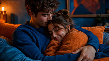 Cozy Cuddle: Evening Embrace, Couple, Couch, Romance HD wallpaper