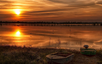 Nature, Birds, Rivers, Sunset, Boats, Reflection, Shore, Bank, Evening HD wallpaper