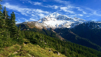 Mount Hood, Oregon, sky, forest, landscape, trees, clouds, usa HD wallpaper