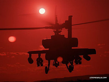 silhouetted gunship, red sky, helicopter, sun, weapons HD wallpaper