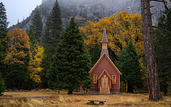 Yosemite National Park, morning, sunrise, mountain landscape, chapel, Yosemite, California, USA HD wallpaper