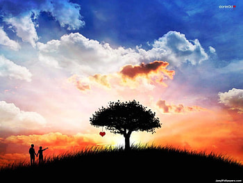 A Single Heart, 3d, couple, clouds, colors, vector, colored sky, people, silhouette HD wallpaper