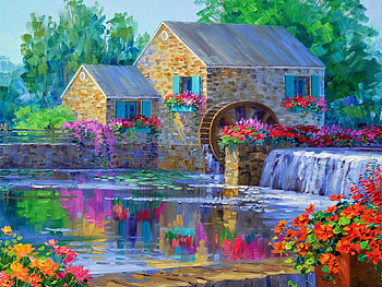 Summer Mill, cascade, artwork, river, painting, trees, watermill, flowers HD wallpaper