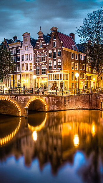 Amsterdam, Netherlands city, Evening lights, River bridge HD phone wallpaper