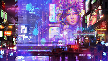 Contemplation, blue, art, city, asian, jellyfish, girl, donglu yu, purple, buildings, pink, face, fantast, luminos HD wallpaper