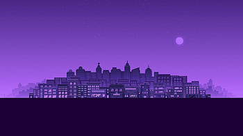 Purple moon, stars night, buildings, cityscape, minimal HD wallpaper