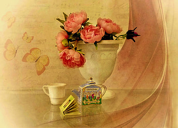 Pink, book, peonies, teacup, urn, pink peonies, fabric, flowers, teapot HD wallpaper