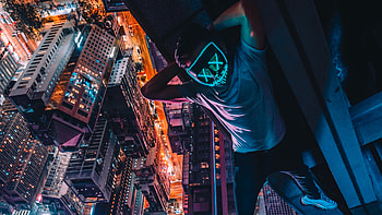 Neon Mask Guy Upside Down, artist, neon, mask HD wallpaper