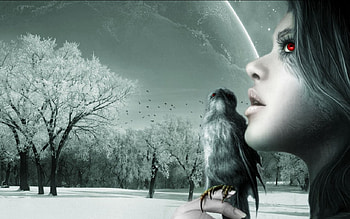 Planet Song, winter, bird, planet, red, space, eye, woman HD wallpaper