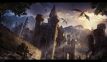 Dragons attack, byzwa dher, fantasy, man, dragon, luminos, castle HD wallpaper