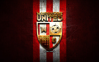 Waitakere United FC, golden logo, New Zealand Football Championship, red metal background, New Zealand soccer club, Waitakere United logo, soccer, Waitakere United HD wallpaper