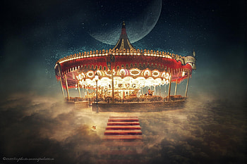 Sky caroussel, moon, caroussel, fantasy, evenliu, luna, sky, luminos HD wallpaper