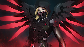 Mercy, overwatch, mask, red wings HD wallpaper