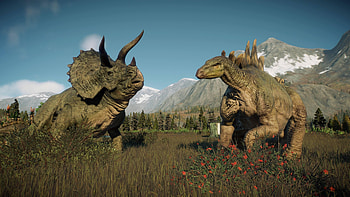 Triceratops, Triceratops vs Stegosaurs, Jurassic World Evolution HD wallpaper