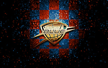 Oklahoma City Blue, glitter logo, NBA G League, orange blue checkered background, basketball, american basketball team, Oklahoma City Blue logo, mosaic art HD wallpaper