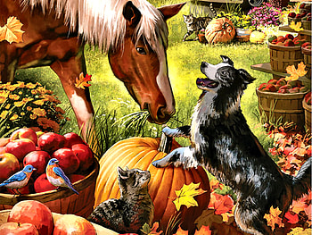 Autumn Farm FC, birds, art, dogs, cats, beautiful, avian, artwork, wide screen, apples, painting, bluebirds, equine, canine, farm animals HD wallpaper